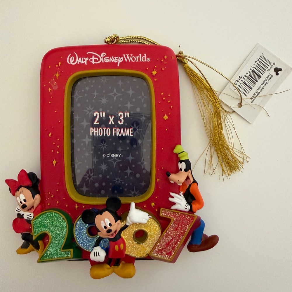 🆕 2007 Disneyworld Red Photo Frame Ornament 🎄 Mickey, Minnie, and Goofy